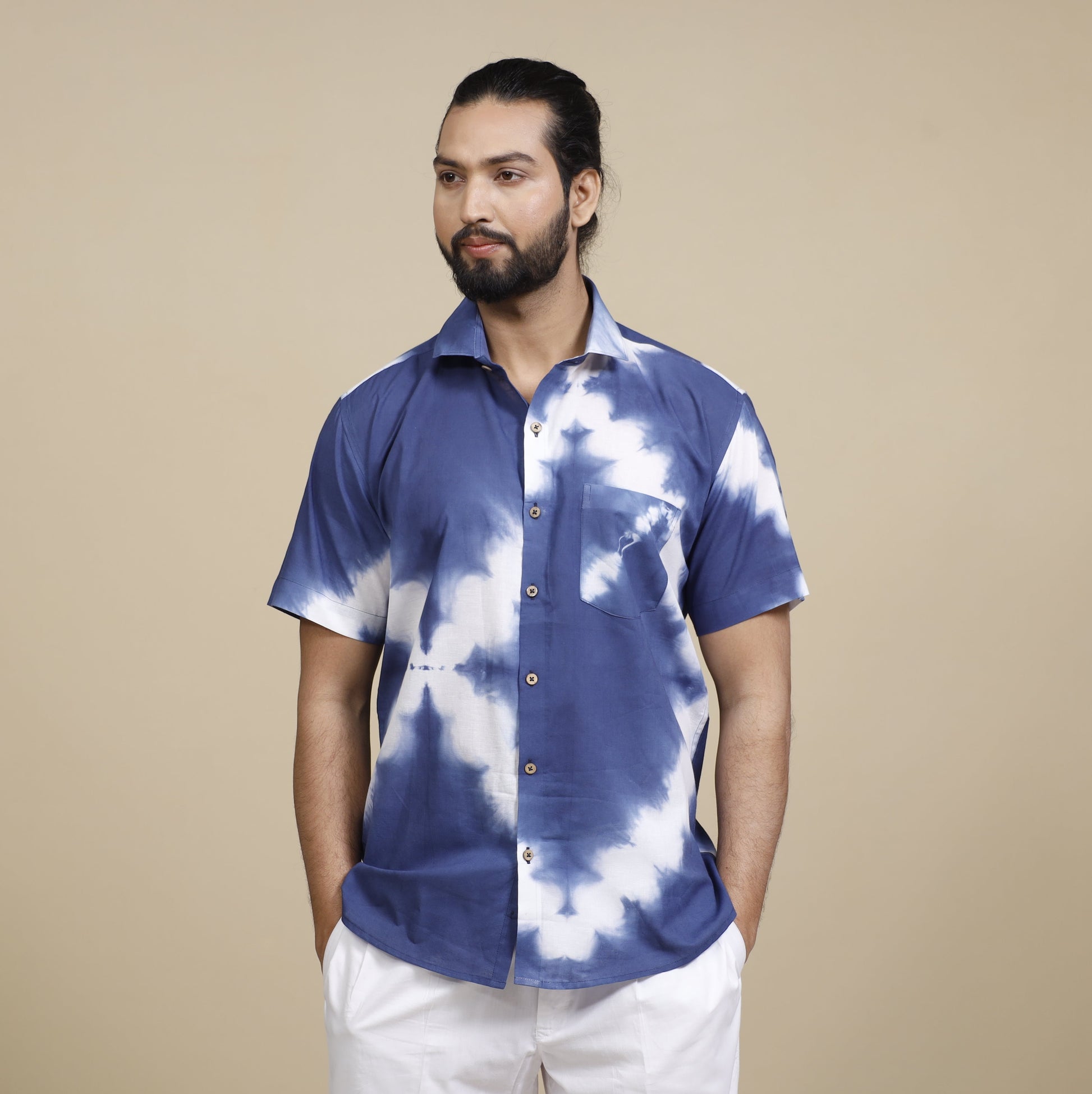 Blue & White Shibori Tie-dye Cotton Men Half Sleeve Shirt