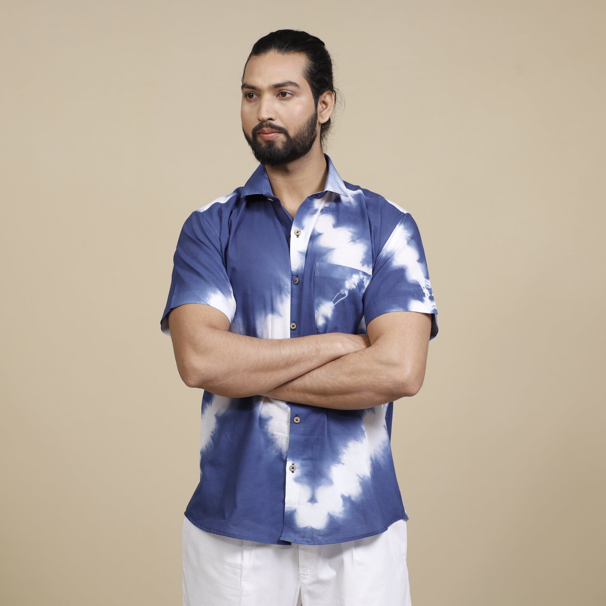 Blue & White Shibori Tie-dye Cotton Men Half Sleeve Shirt