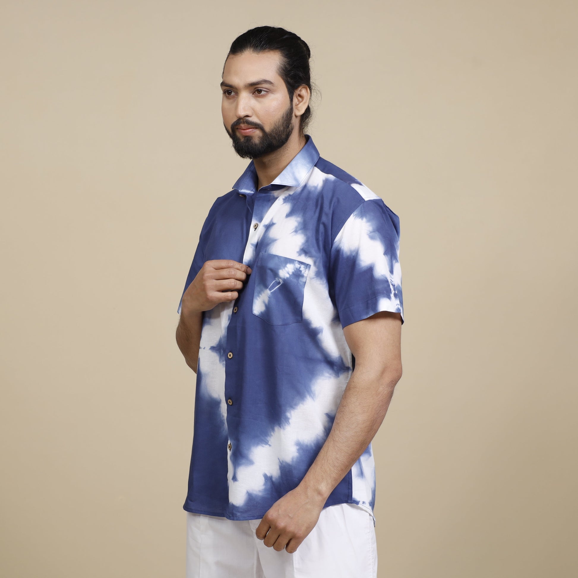 Blue & White Shibori Tie-dye Cotton Men Half Sleeve Shirt