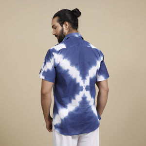 Blue & White Shibori Tie-dye Cotton Men Half Sleeve Shirt