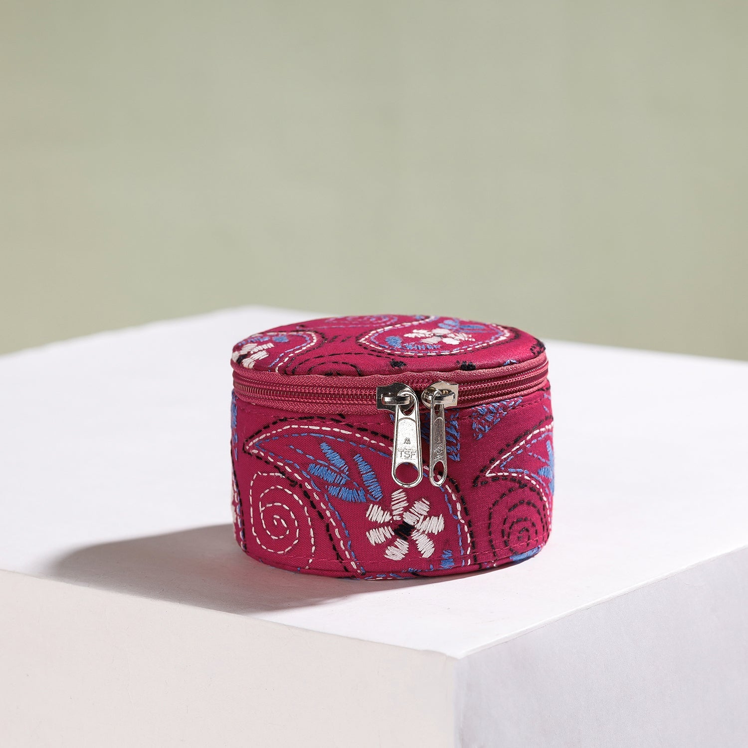 Bengal Kantha Work Handcrafted Round Utility Box