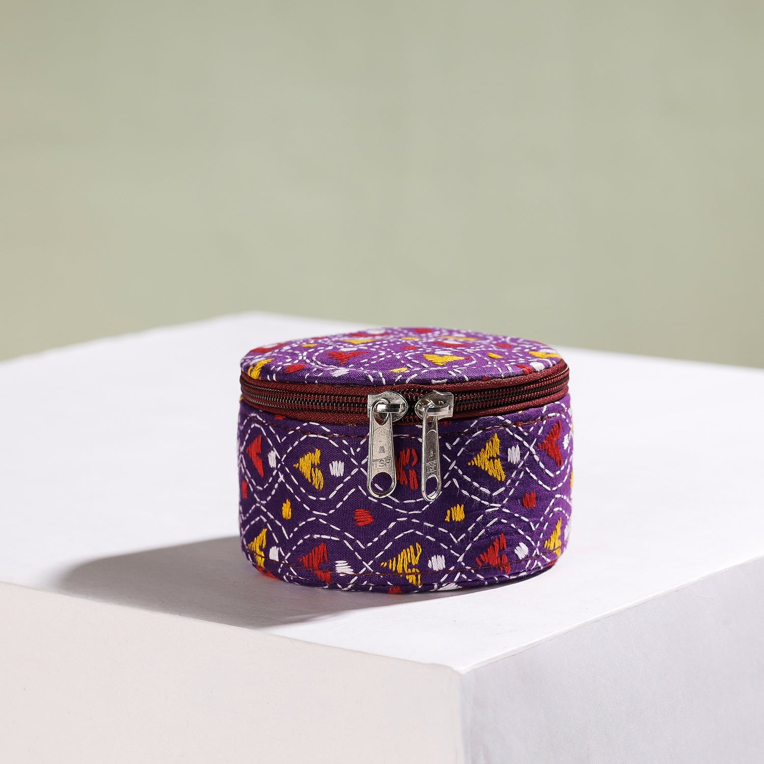 Bengal Kantha Work Handcrafted Round Utility Box