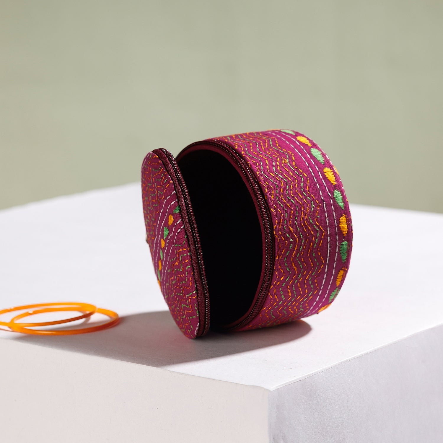 Bengal Kantha Work Handcrafted Round Utility Box