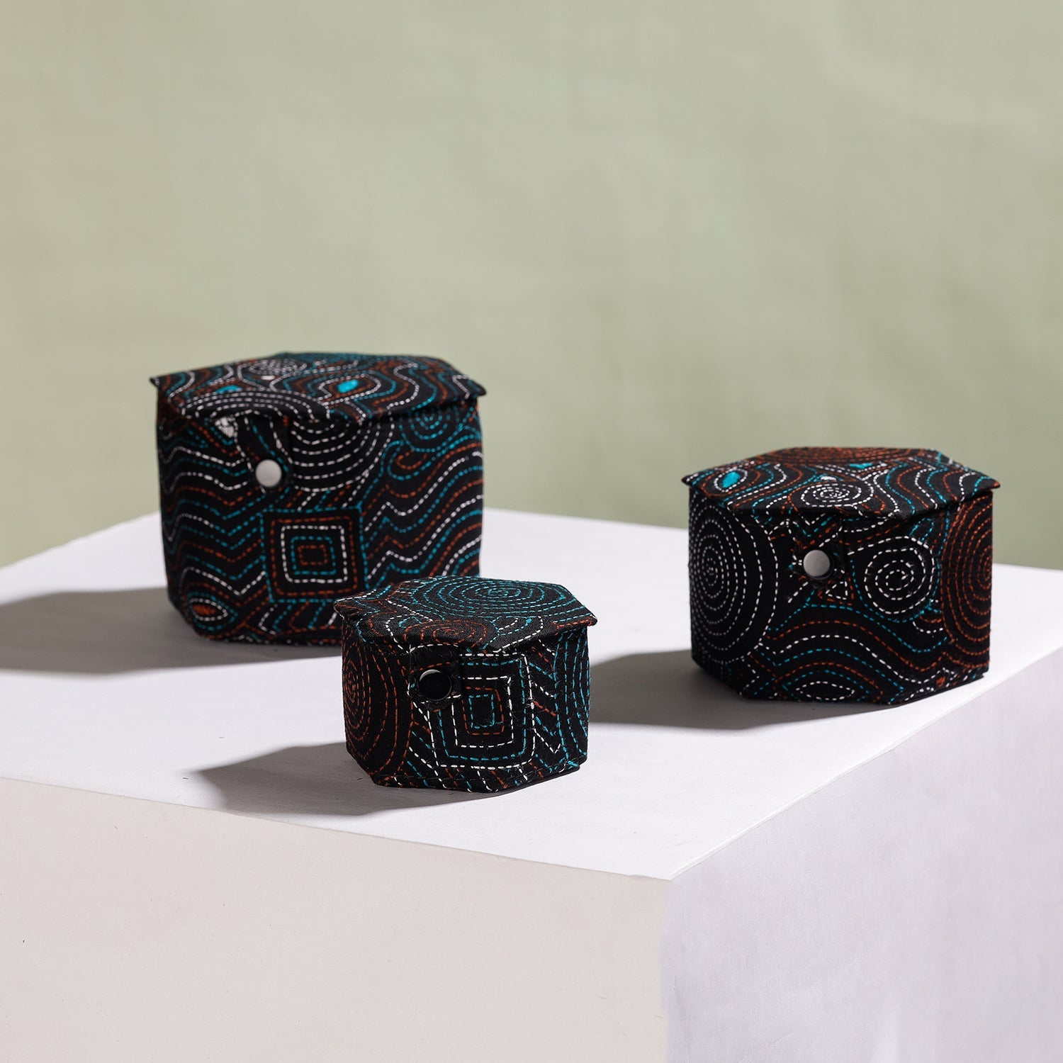Black - Bengal Kantha Work Handcrafted Hexagon Jewelry Box (Set of 3)