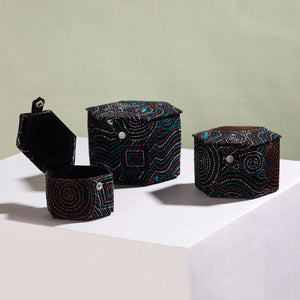 Black - Bengal Kantha Work Handcrafted Hexagon Jewelry Box (Set of 3)