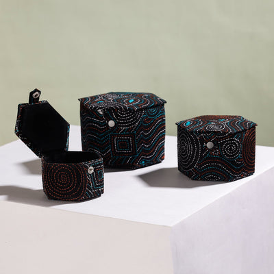 Black - Bengal Kantha Work Handcrafted Hexagon Jewelry Box (Set of 3)