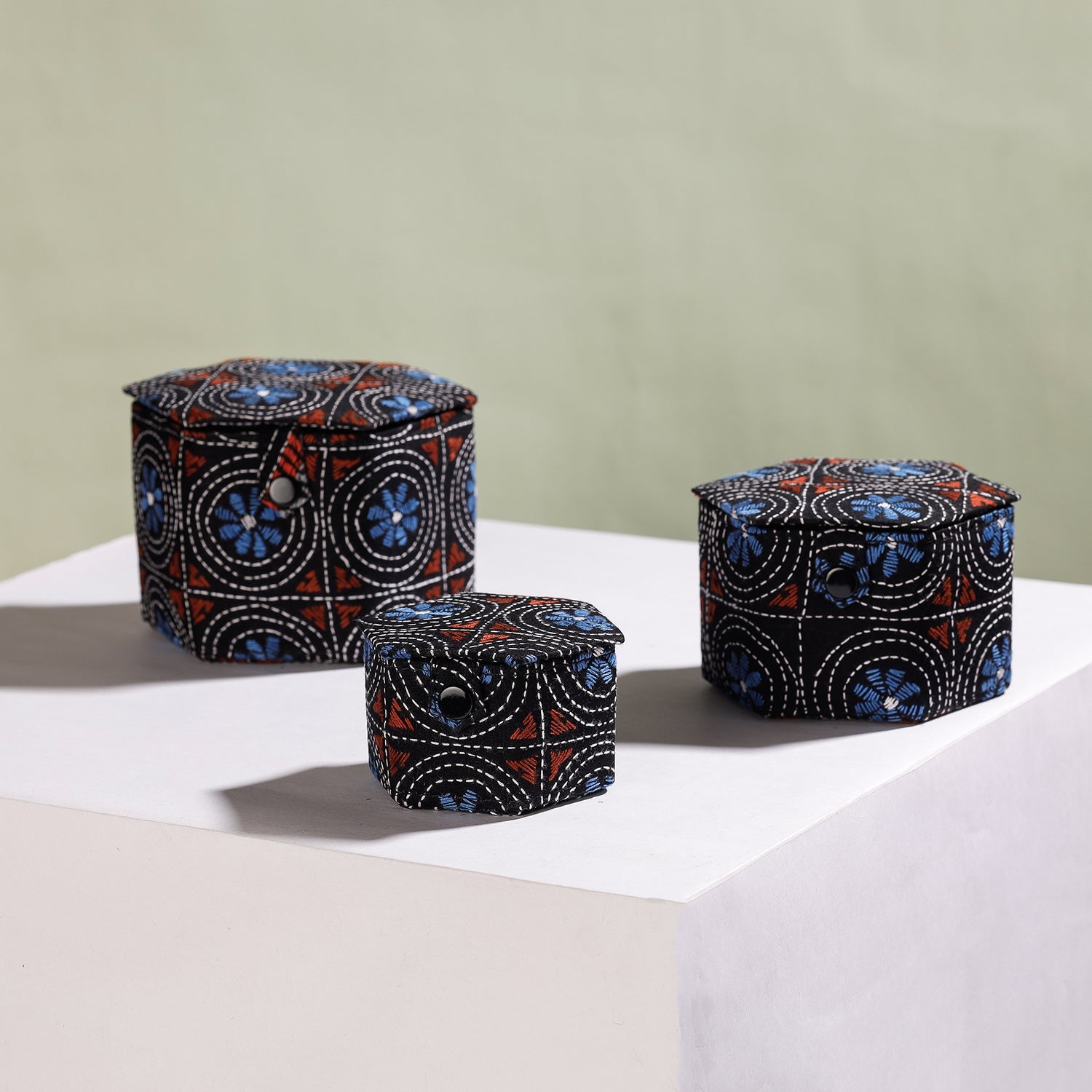 Black - Bengal Kantha Work Handcrafted Hexagon Jewelry Box (Set of 3)