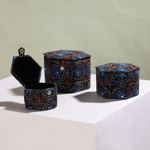 Black - Bengal Kantha Work Handcrafted Hexagon Jewelry Box (Set of 3)