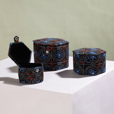 Black - Bengal Kantha Work Handcrafted Hexagon Jewelry Box (Set of 3)