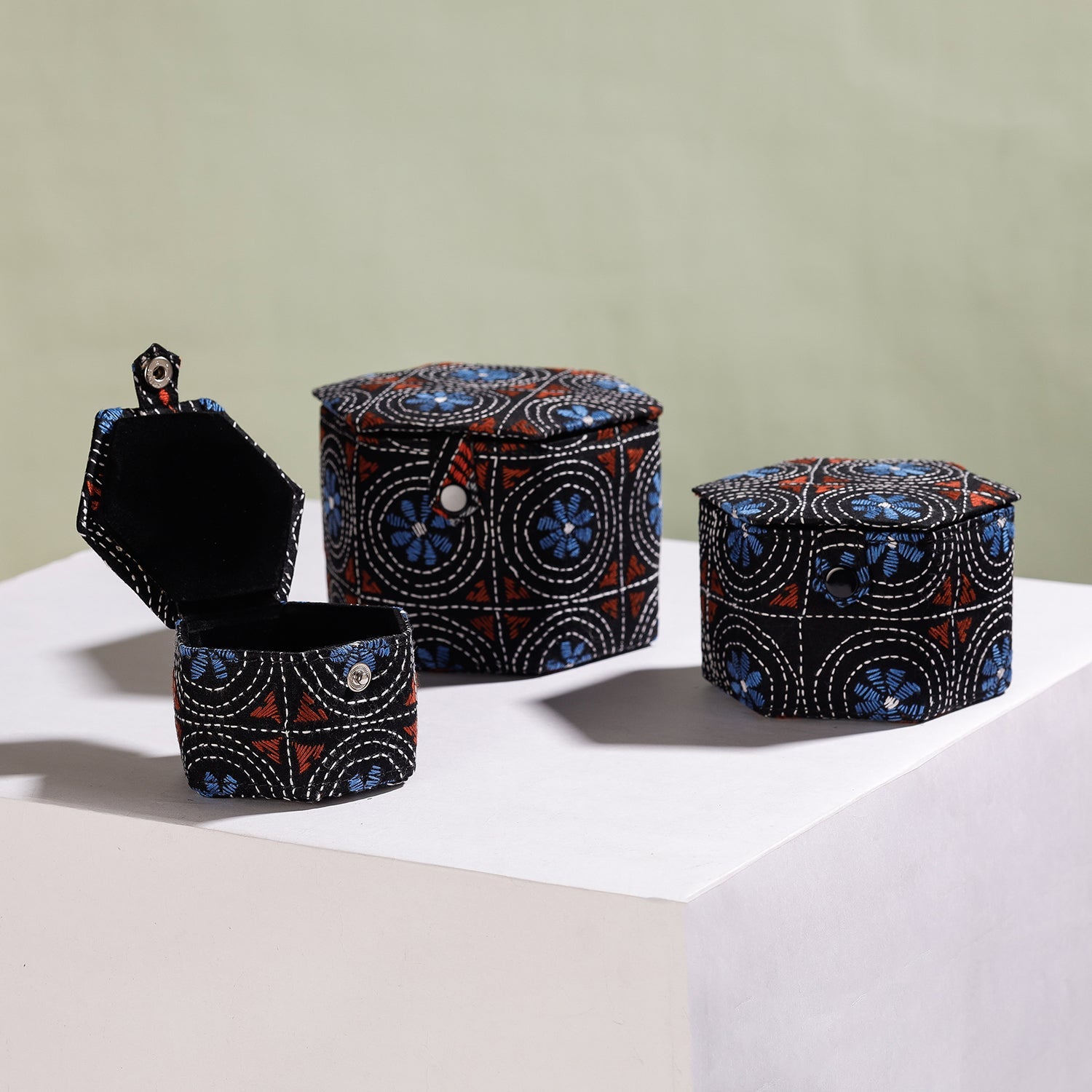 Black - Bengal Kantha Work Handcrafted Hexagon Jewelry Box (Set of 3)