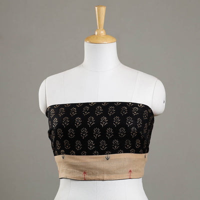 Black - Sanganeri Gold Block Printed Rayon Blouse Piece