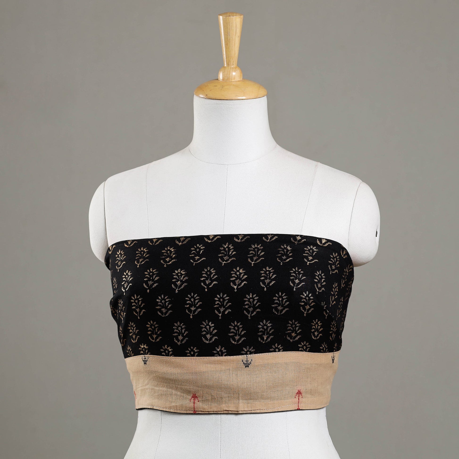 Black - Sanganeri Gold Block Printed Rayon Blouse Piece