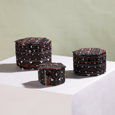 Black - Bengal Kantha Work Handcrafted Hexagon Jewelry Box (Set of 3)