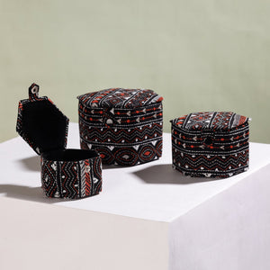 Black - Bengal Kantha Work Handcrafted Hexagon Jewelry Box (Set of 3)