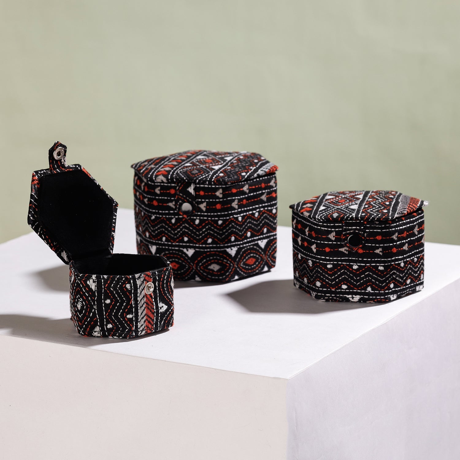 Black - Bengal Kantha Work Handcrafted Hexagon Jewelry Box (Set of 3)