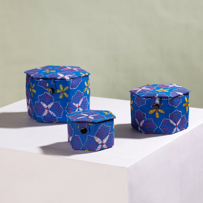 Blue - Bengal Kantha Work Handcrafted Hexagon Jewelry Box (Set of 3)