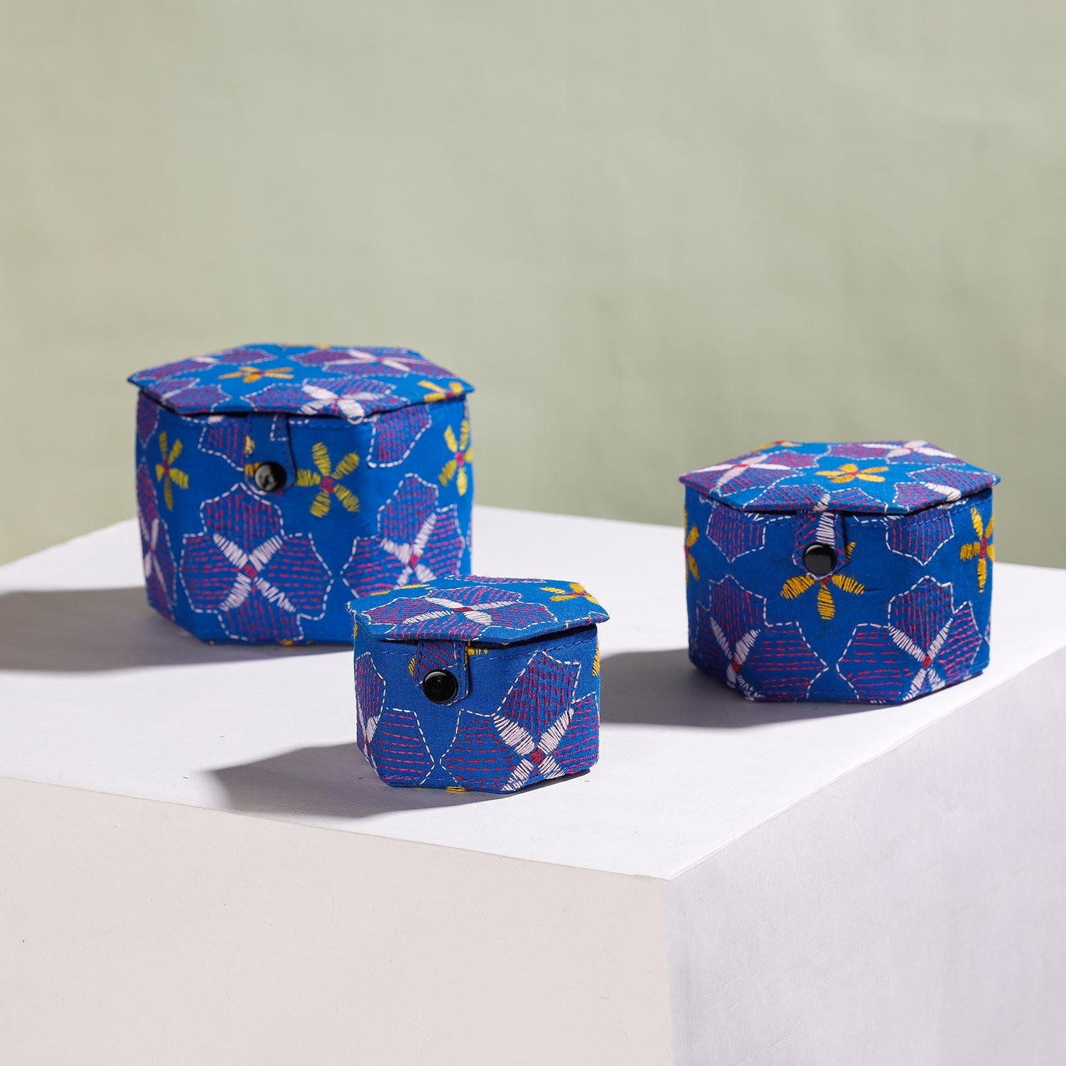 Blue - Bengal Kantha Work Handcrafted Hexagon Jewelry Box (Set of 3)