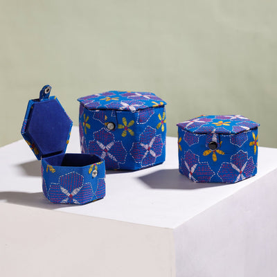 Blue - Bengal Kantha Work Handcrafted Hexagon Jewelry Box (Set of 3)