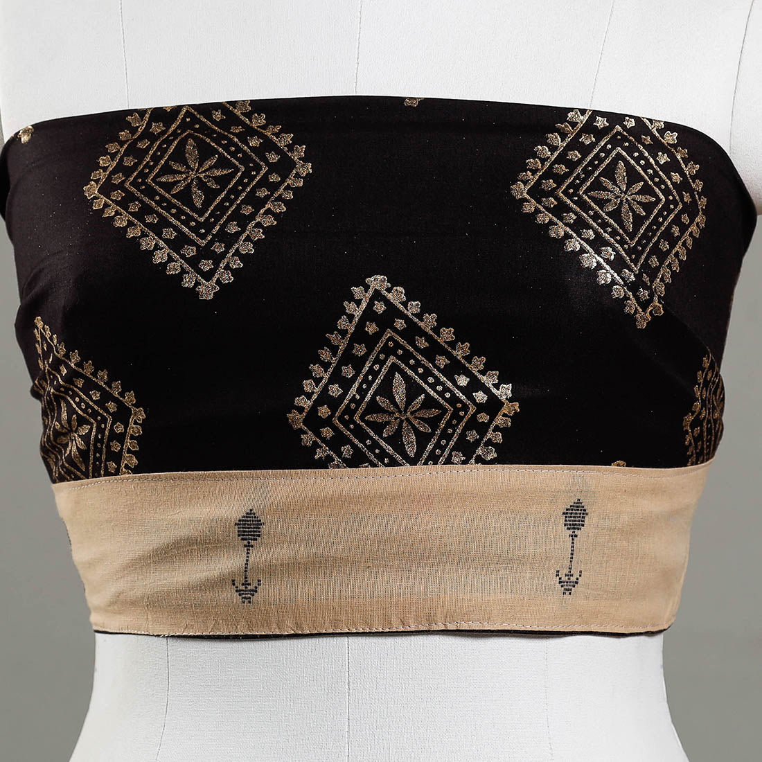 Black - Sanganeri Gold Block Printed Rayon Blouse Piece