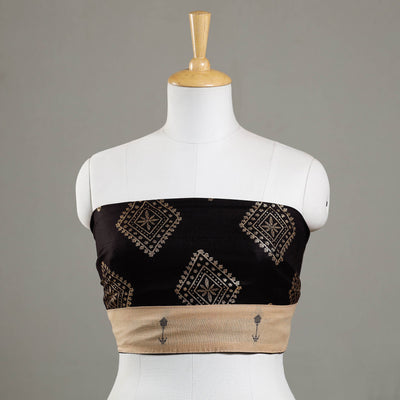 Black - Sanganeri Gold Block Printed Rayon Blouse Piece