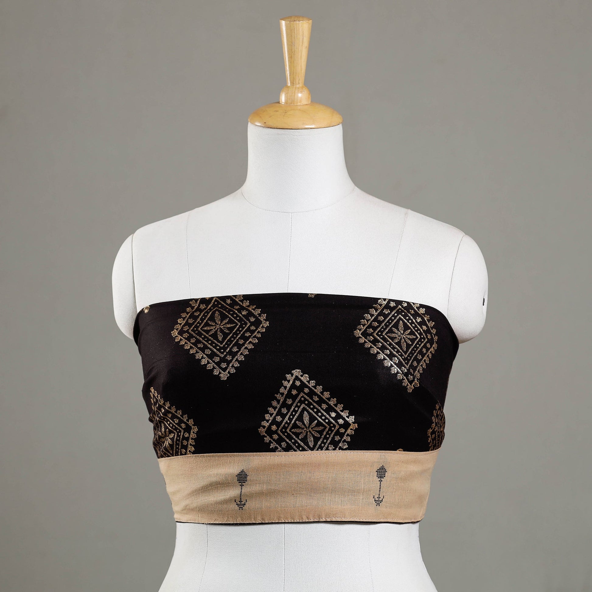 Black - Sanganeri Gold Block Printed Rayon Blouse Piece