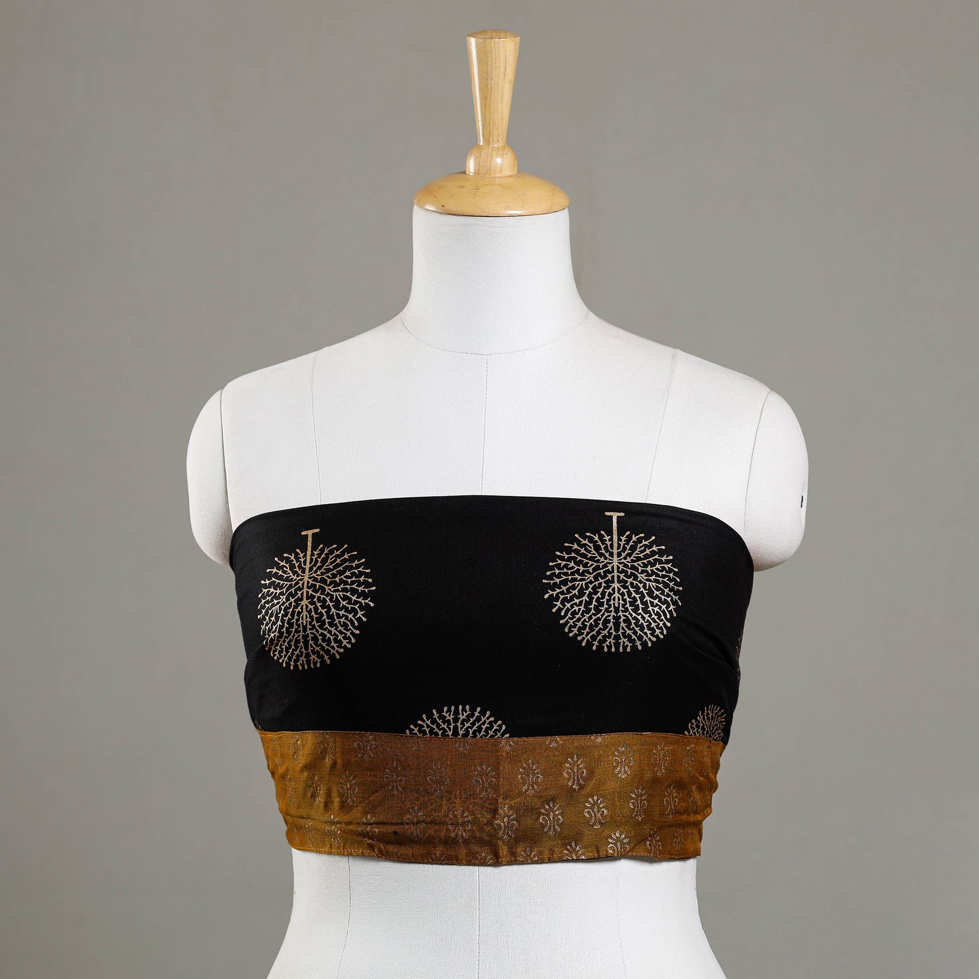 Black - Sanganeri Gold Block Printed Rayon Blouse Piece