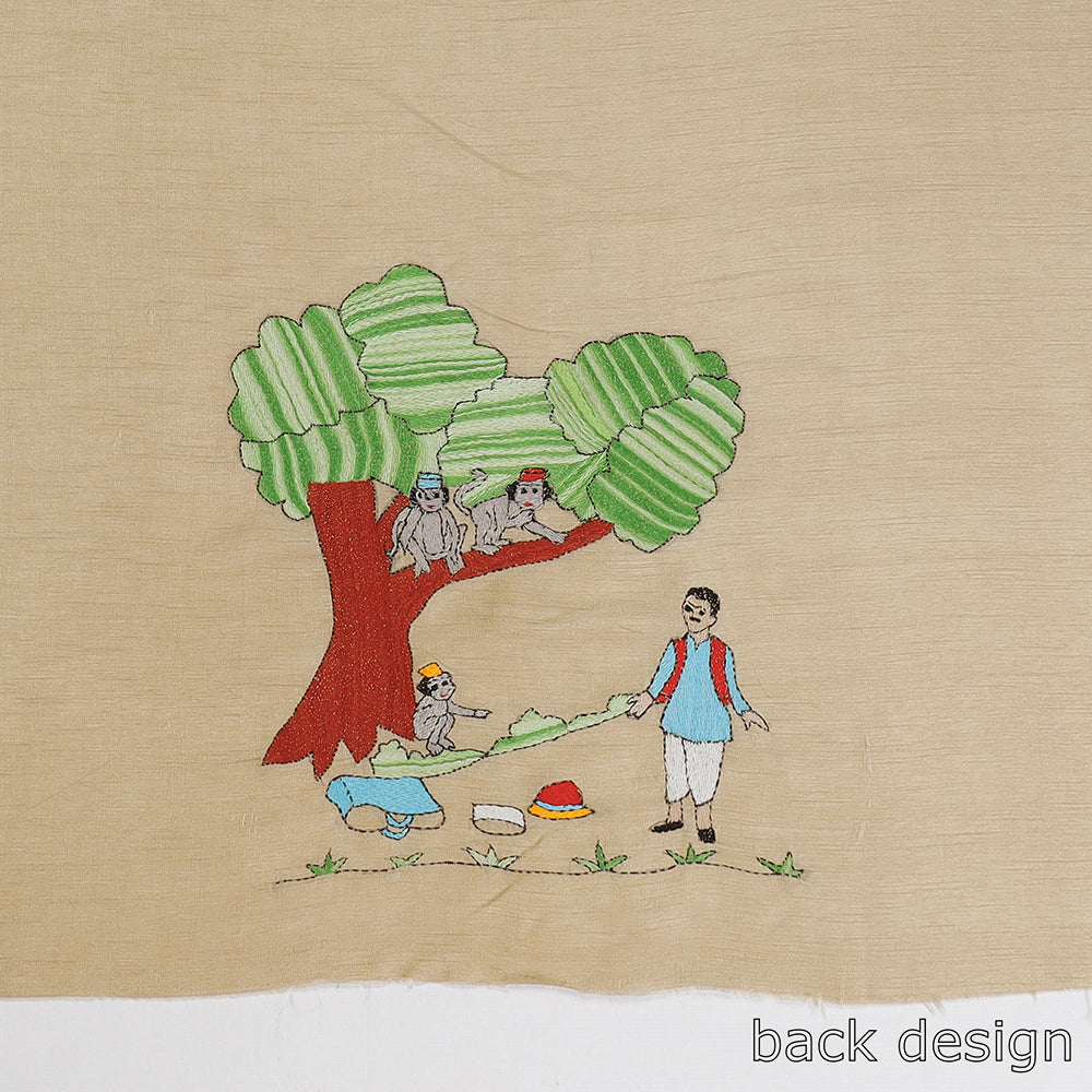 Beige - Bengal Kantha Embroidery Raw Silk Blouse Piece