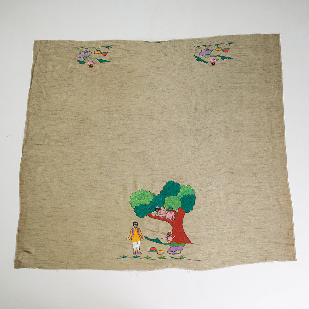 Brown - Bengal Kantha Embroidery Raw Silk Blouse Piece
