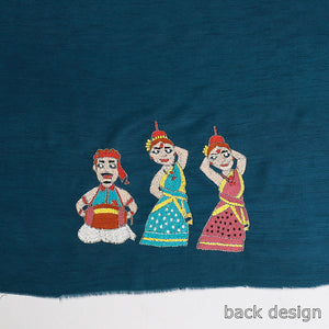 Blue - Bengal Kantha Embroidered Raw Silk Blouse Piece