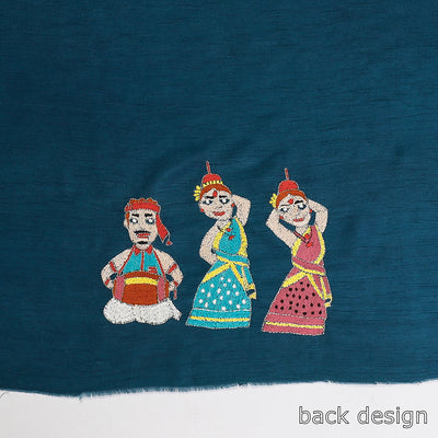 Blue - Bengal Kantha Embroidered Raw Silk Blouse Piece