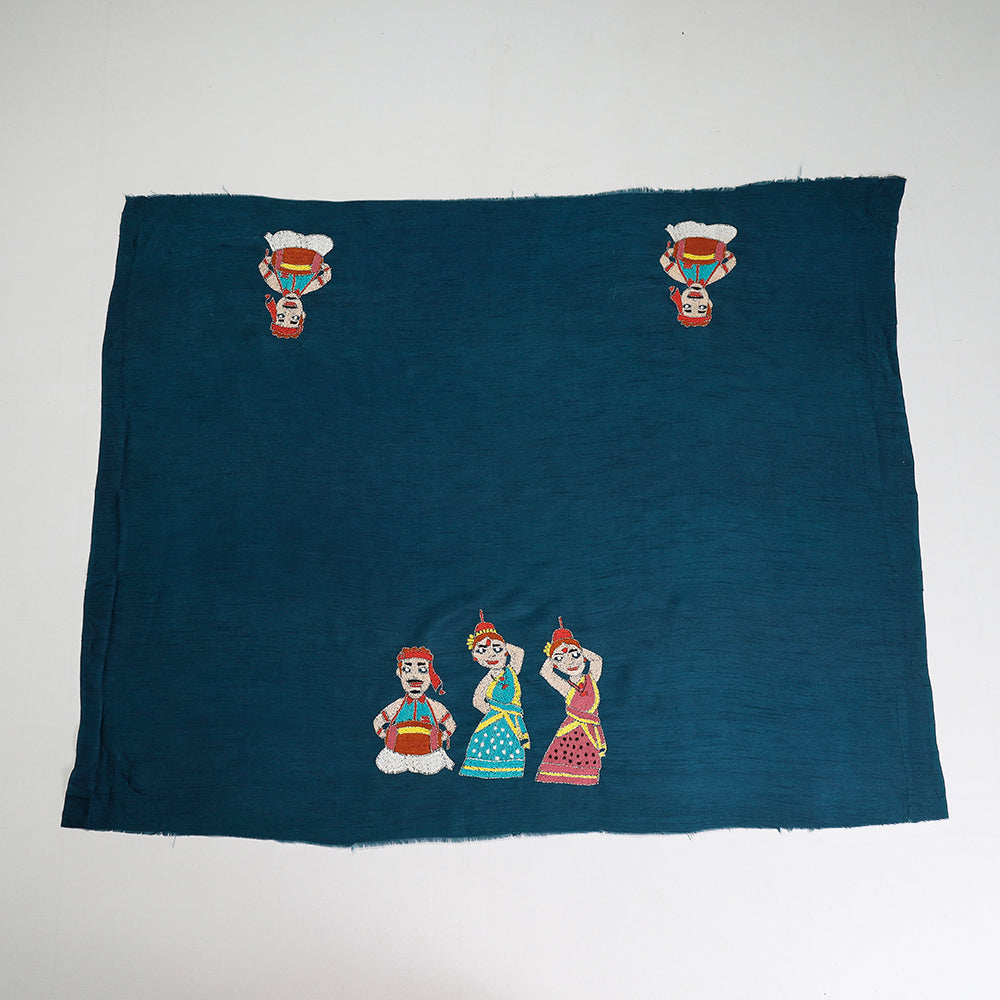 Blue - Bengal Kantha Embroidered Raw Silk Blouse Piece