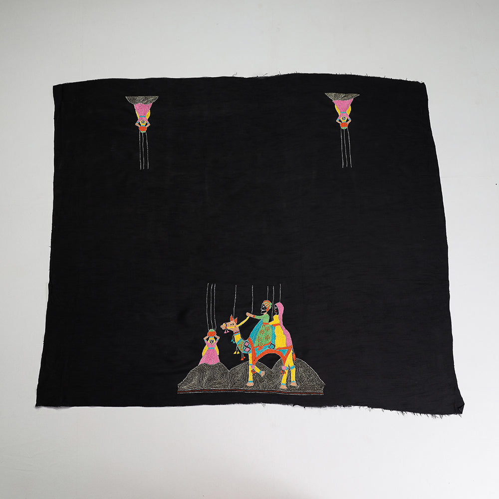 Black - Bengal Kantha Embroidery Raw Silk Blouse Piece