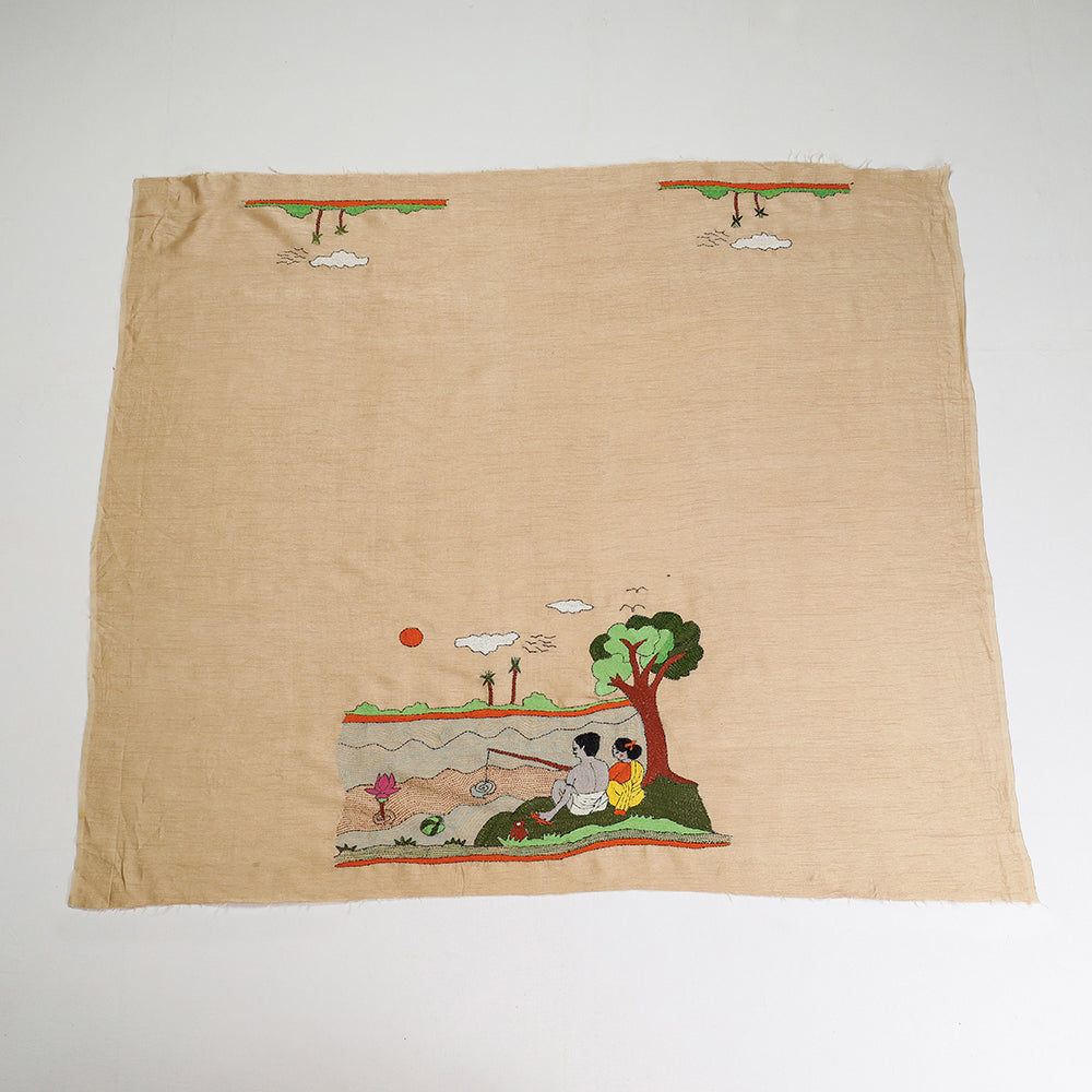 Beige - Bengal Kantha Embroidery Raw Silk Blouse Piece