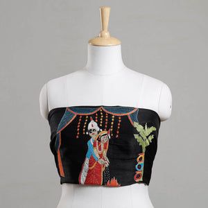 Black - Bengal Kantha Embroidery Raw Silk Blouse Piece