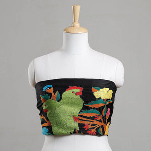 Black - Bengal Kantha Embroidery Raw Silk Blouse Piece