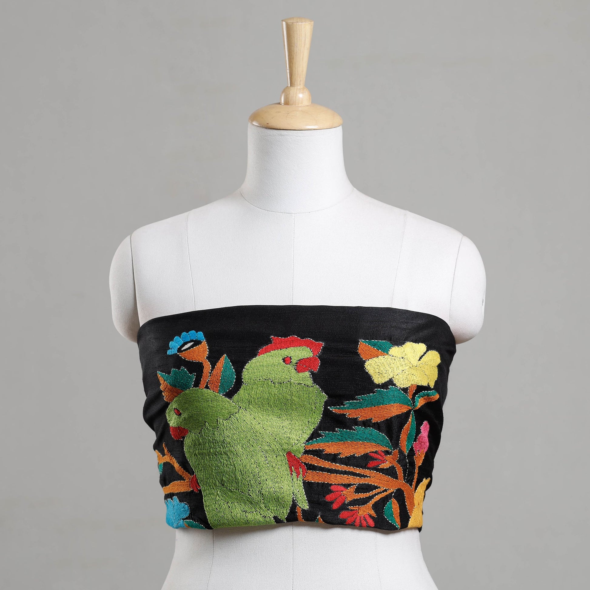 Black - Bengal Kantha Embroidery Raw Silk Blouse Piece
