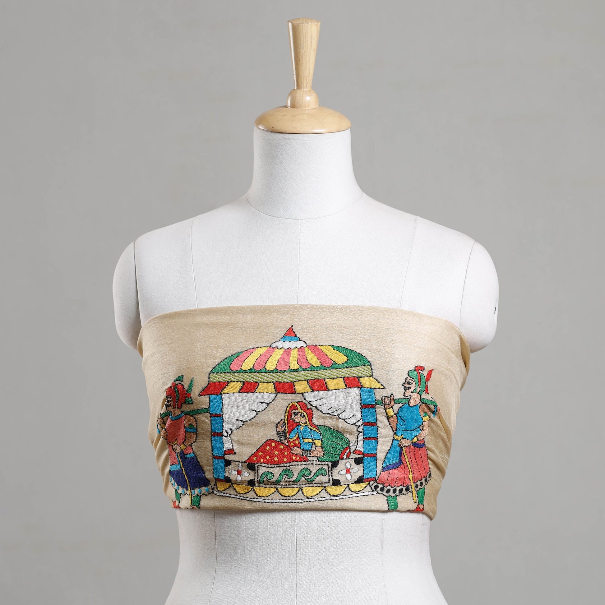 Beige - Bengal Kantha Embroidery Raw Silk Blouse Piece