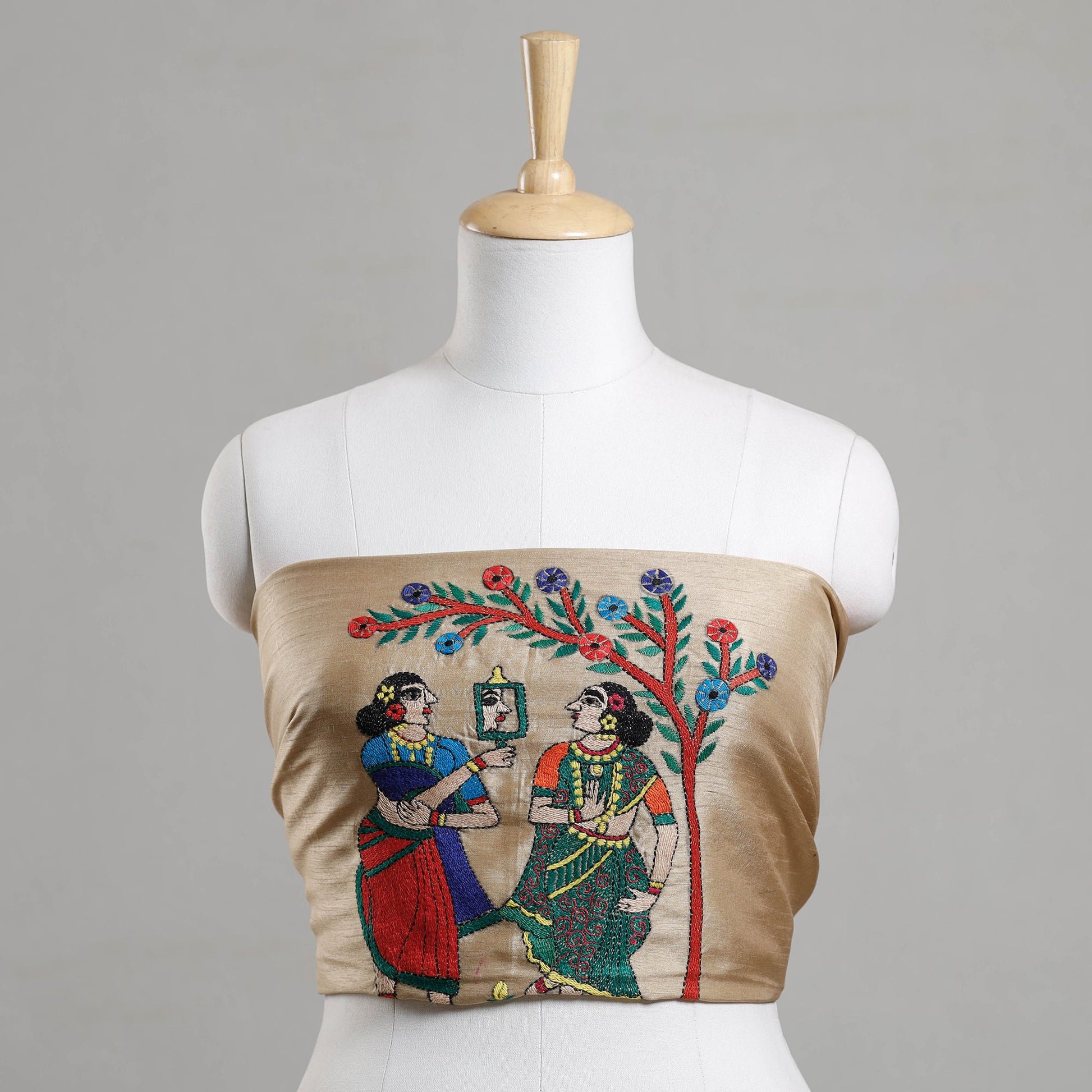 Beige - Bengal Kantha Embroidery Raw Silk Blouse Piece