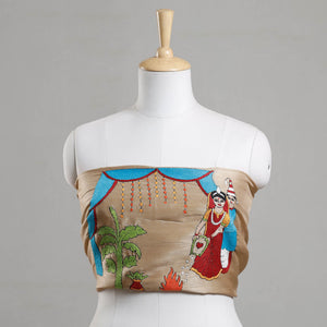 Beige - Bengal Kantha Embroidery Raw Silk Blouse Piece