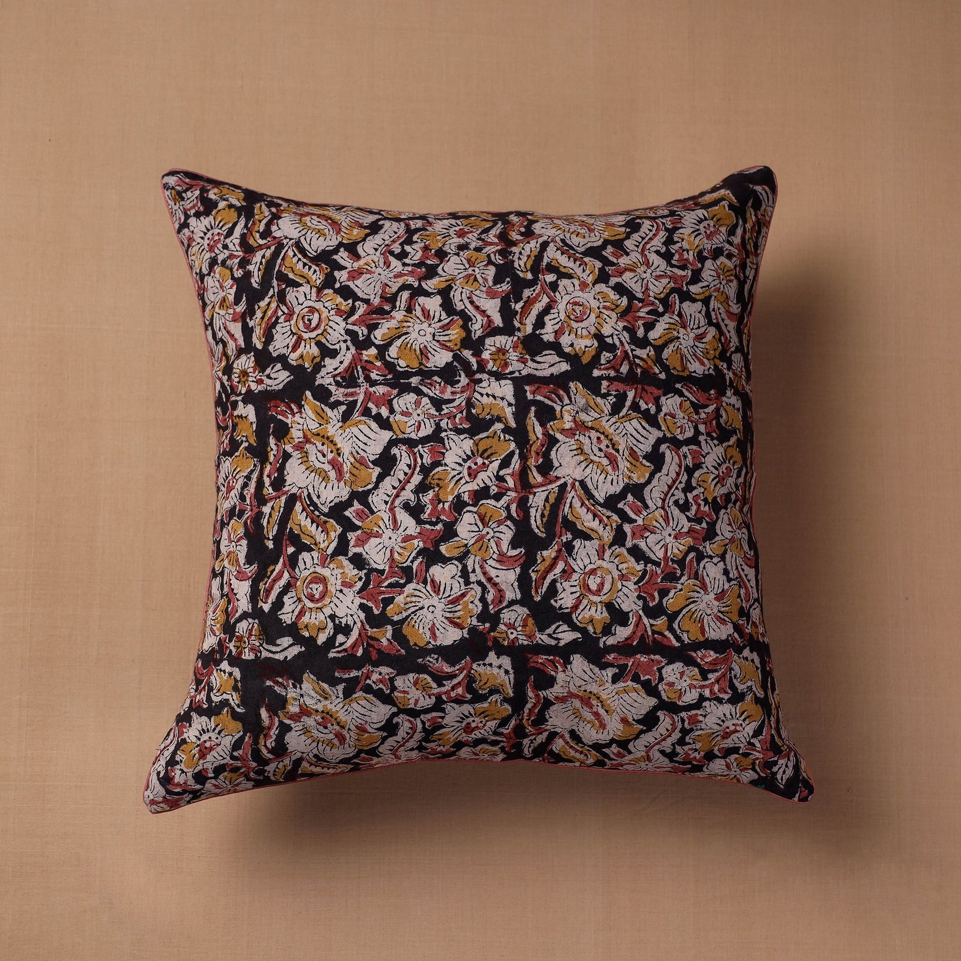 Black - Block Print Cotton Kalamkari Cushion Cover (16 x 16 in)