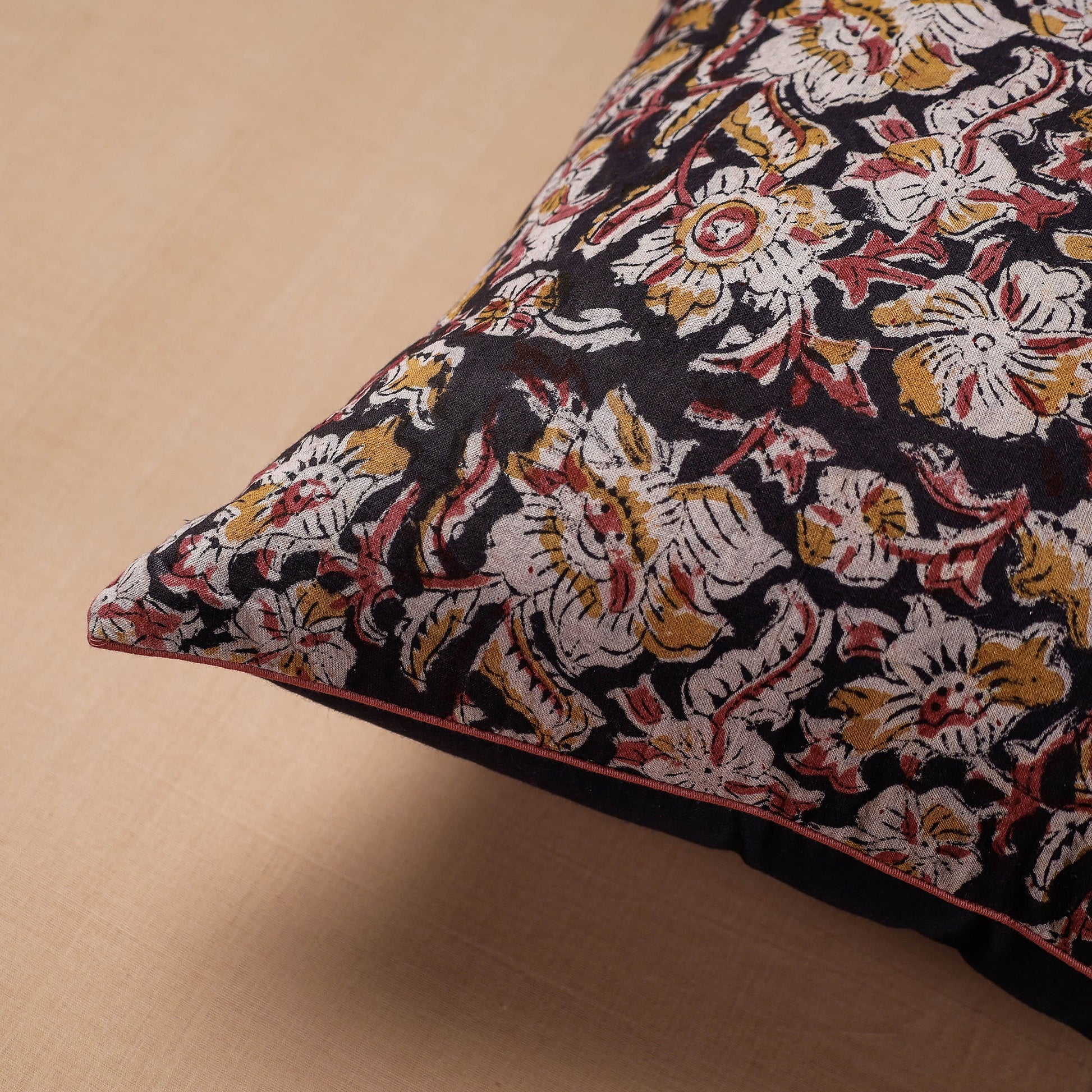 Black - Block Print Cotton Kalamkari Cushion Cover (16 x 16 in)