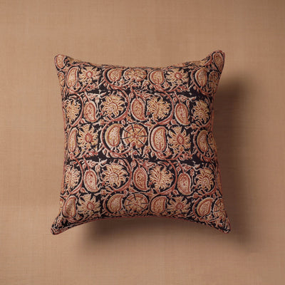 Black - Block Print Cotton Kalamkari Cushion Cover (16 x 16 in)