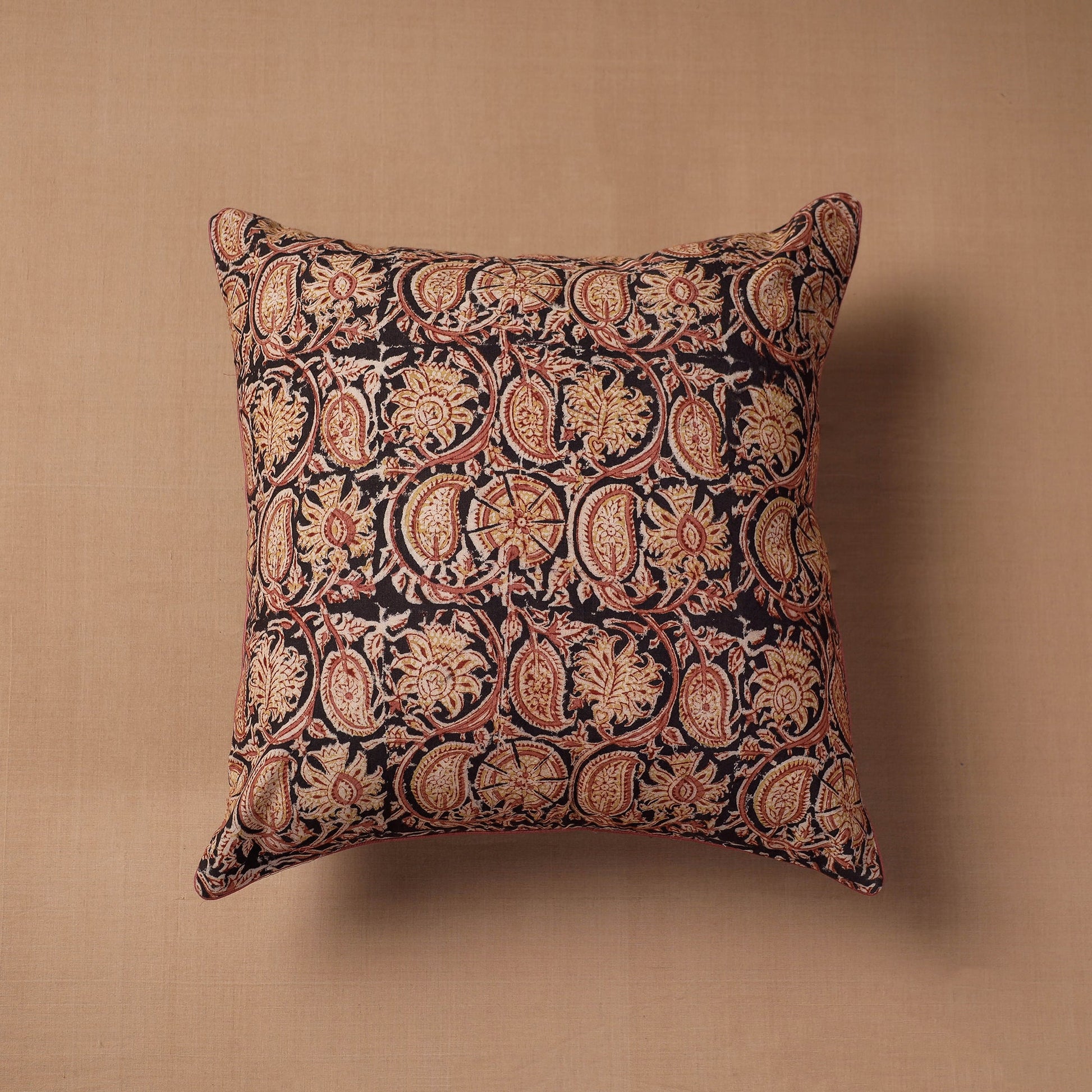 Black - Block Print Cotton Kalamkari Cushion Cover (16 x 16 in)