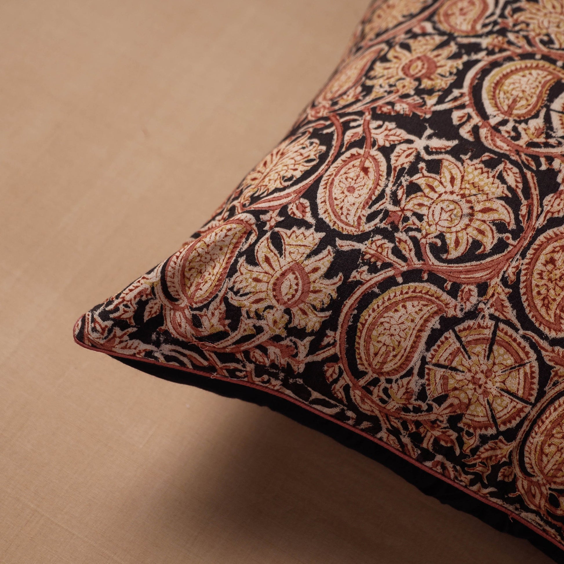 Black - Block Print Cotton Kalamkari Cushion Cover (16 x 16 in)