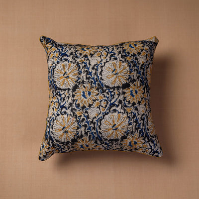 Black - Block Print Cotton Kalamkari Cushion Cover (16 x 16 in)