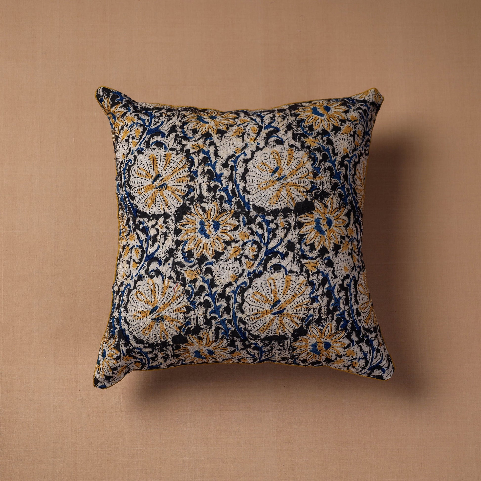 Black - Block Print Cotton Kalamkari Cushion Cover (16 x 16 in)