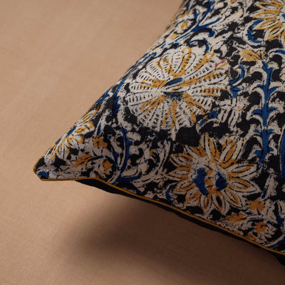 Black - Block Print Cotton Kalamkari Cushion Cover (16 x 16 in)