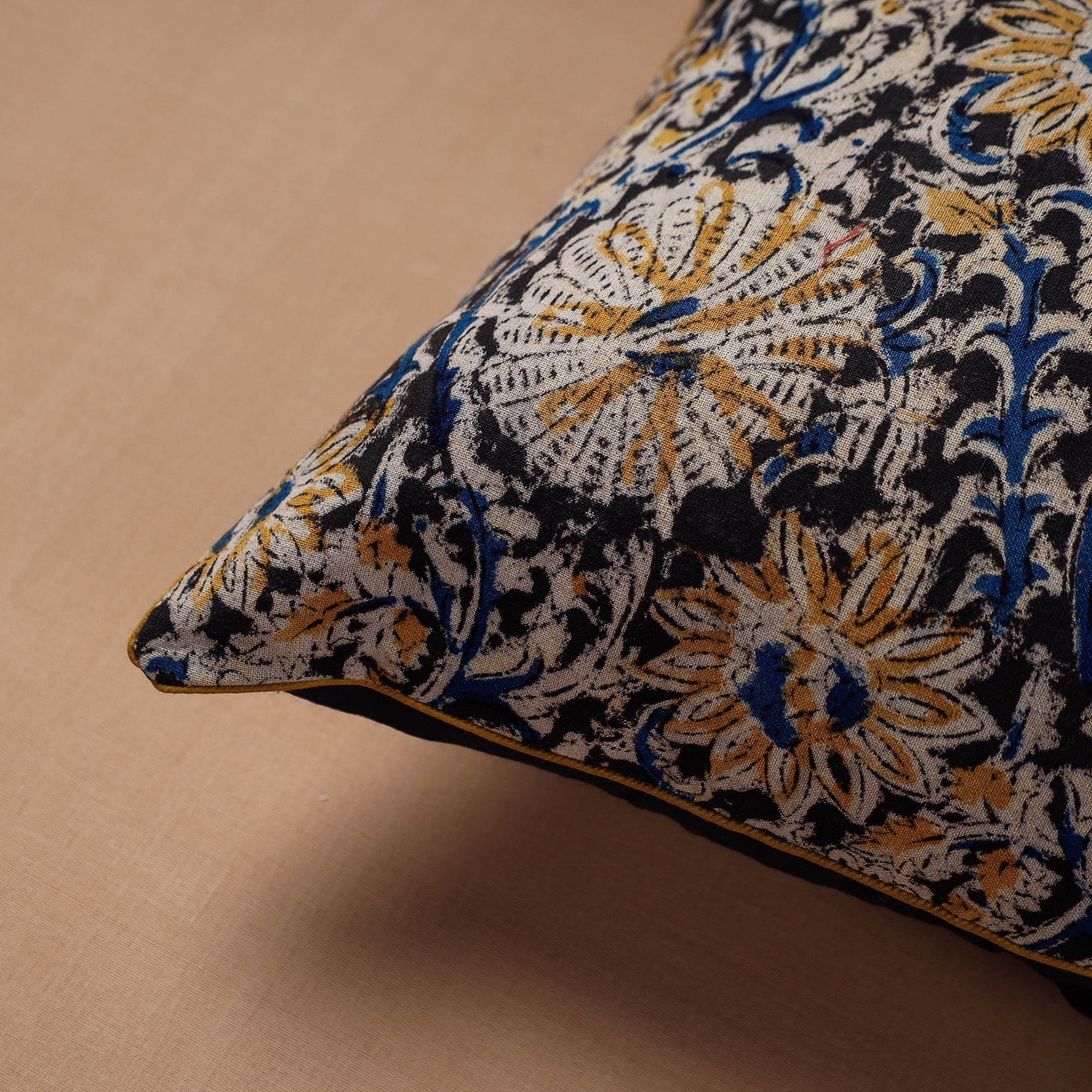 Black - Block Print Cotton Kalamkari Cushion Cover (16 x 16 in)