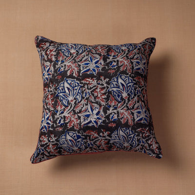 Black - Block Print Cotton Kalamkari Cushion Cover (16 x 16 in)