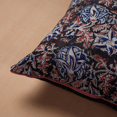 Black - Block Print Cotton Kalamkari Cushion Cover (16 x 16 in)